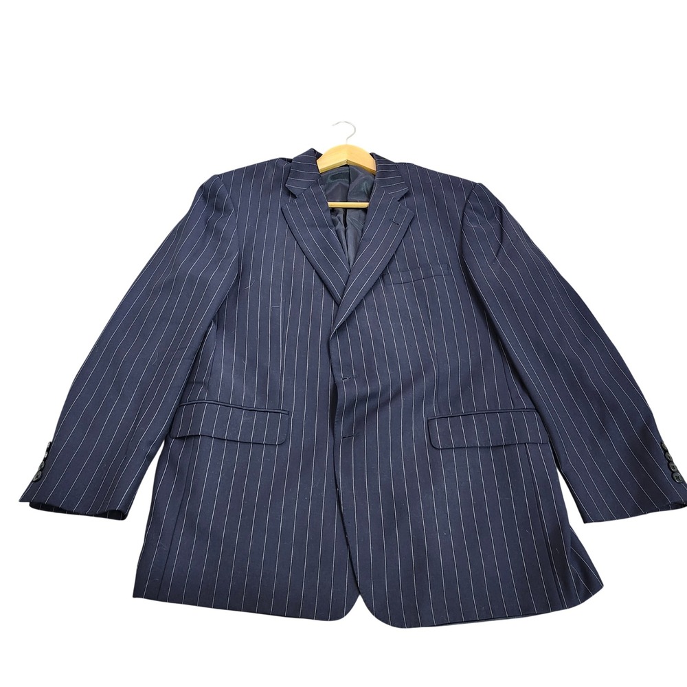 BURBERRY BLAZER MENS 44L LONDON NAVY BLUE PINSTRIPE WOOL EUC